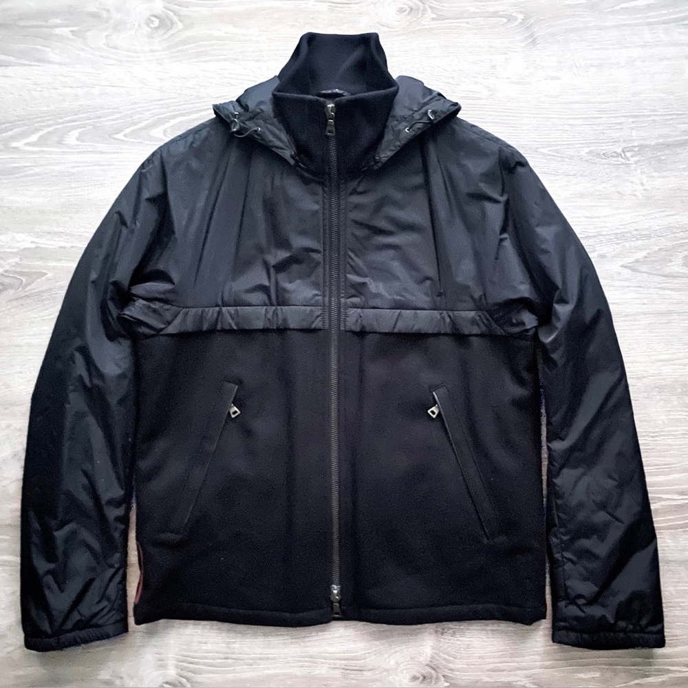 Prada | Black Men’s Nylon and Virgin Wool Hoodie Coat